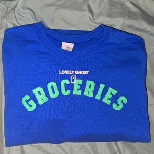 Lonely Ghost Blue Sweatshirt with Green Groceries Print